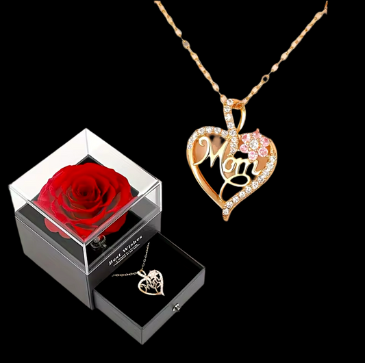 Mom Heart Pendant Necklace With Rose Gift Box For Mom Birthday Christmas Romantic Gift 2024